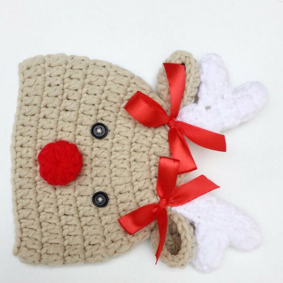 Infant Brown/White Rudolph Christmas Newborn with Bow-Knot Beanie/Hat - Picture 5 of 5